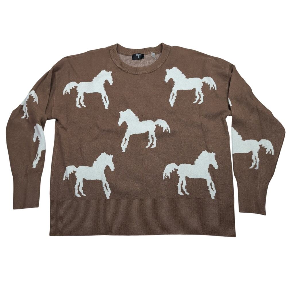 Tahari Women's Horse Print Crew Neck Pullover Sweater XL Brown & White